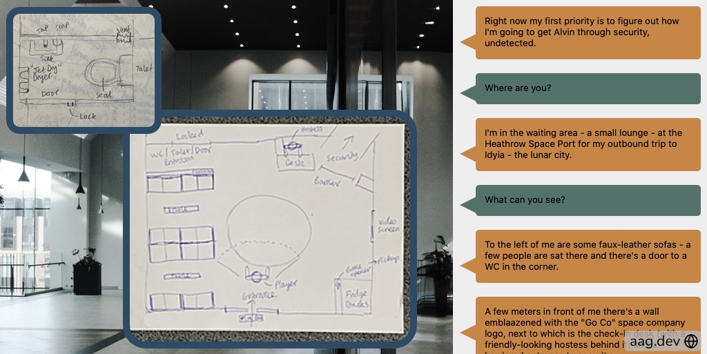 Sketched plans of the Spaceport lounge with an example conversation - speech bubbles - alongside it.